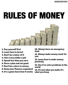 stacks of money sitting on top of each other with the words rules of money written below it