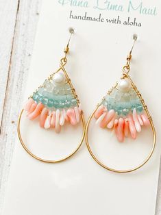 Pink Coral and Gemstone kekai Earrings, Beach Style Jewelry - Etsy Beach Style Jewelry, Coral Aqua, Earrings Beach, Bamboo Coral, Beaded Earrings Diy, Beaded Jewelry Designs, Earrings Inspiration, Homemade Jewelry, Handmade Wire Jewelry