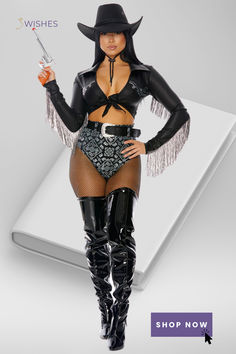 Ride It Out Sexy Cowgirl Costume Cowgirl Halloween Costumes, Black Long Sleeve Crop Top, Cowgirl Costume, Ride It, Women's Costumes, Fringe Trim