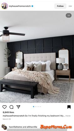 a bed room with a neatly made bed and a ceiling fan