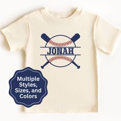 a t - shirt with a baseball bat and name on it, next to a blue badge that says'jonah multiple styles, sizes, and colors