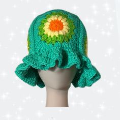 * Handmade with acrylic yarn 🧶  * Adult size - one size fits most * Measures about 24 inches in circumference Knitted Yarn Cloche Hat One Size, One Size Cotton Yarn Cap, Green Bonnet, One Size Fits Most, Green Bonnet One Size Fits Most, One Size Green Bonnet, One Size Acrylic Cap, One Size Fits Most Acrylic Cap, Crochet Bonnet For Beach, One Size, Retro Crochet Hat For Spring, One Size