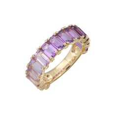 14K Gold Purple Amethyst Ombré Emerald Cut 3/4 Band Showstopping 14K Gold Purple Amethyst (various shades) and White Topaz Ombré Emerald Cut 3/4 Band. This must-have ring is fantastic on its Own or Stacked with Others! Some people prefer this ring as a 3/4 versus eternity as it is less bulky and very easy to size with your local jeweler. Available in rose gold, yellow gold, and white gold. Ring comes in two sizes, small with 3x4 mm stones and large with 3x5 mm stone. Amethyst is the birthstone f Amethyst Ring Band, Emerald Cut Eternity Band, Daughter Ring, Bezel Set Diamond Ring, Stacked Wedding Bands, Gold Color Ring, Purple Jewelry, Pink Topaz, Classy Jewelry