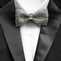 Add bling to your outfit with this beautiful pre-tied and adjustable double-deck (tiered) bow tie.  Rhinestone crystal beaded bow tie that can be adjustable for necksizes from 13 inches through 20 inches wide.  Bow dimensions 2.5 inches by 4.5 inches. Bow Tie Men's Outfit, Beaded Bow Tie, Silver Suit, Silver Bow Tie, Dinner Jackets, Tuxedo Bow Tie, Groom Bowtie, Suit Combinations, Tuxedo Accessories