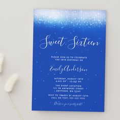 a blue and white wedding card with the words sweet sixteen on it