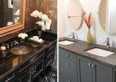 two sinks and mirrors in a bathroom next to each other with vases on them