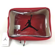 Brand New With Tags Nike Air Jordan Shoe Box Bag Sports Training Handbag Red Black Transparent New Red Rectangular Sports Bag, Red Nike School Bag, Red Nylon Bag For The Gym, Red Nylon Gym Bag, Sporty Red Rectangular Bag, Sporty Red Nylon Bag, Red Rectangular Gym Bag For Everyday Use, Functional Red Pouch Bag, Functional Red Rectangular Bags