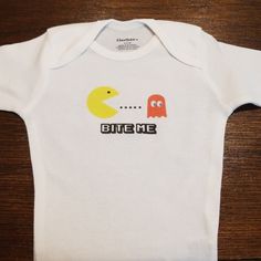 Custom Printed Long Sleeve Onesie 100% Organic Cotton Pacman Funny Onesie We Ship The Very Next Day Playful Fitted White Top, Playful White Fitted Top, White Onesie With Graphic Print For Playtime, White Tops With Funny Print For Playtime, Fitted Letter Print Top For Playwear, Fitted Tops With Letter Print For Playwear, White Onesie With Funny Print For Fun Style, Playful White Onesie With Funny Print, White Cotton Onesie With Cartoon Print