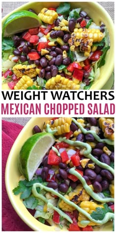 mexican chopped salad with black beans, corn and avocado in a yellow bowl