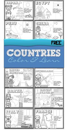 the free coloring page for countries is shown in blue and white with text that reads,