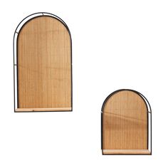 two arched wooden shelves with metal frames on each side and bamboo covering the top, against a white background