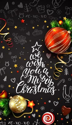 merry christmas card with ornaments and decorations on black background, eps file available in svt format