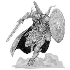 a black and white drawing of a man holding a shield with two swords in his hand