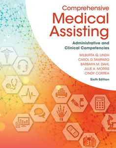 the book cover for compen intensive medical assisting, with an orange and blue background