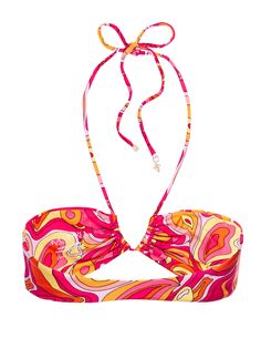 The Tessa Bandeau Top in Calico hugs you in all of the right places to define your curves. Hot tropical colors of pinks, mango, and yellow turn up the sizzle factor. And what better way to further define your curves than with a matching adjustable drawstring that lets you control the cup ruching and determine straight or front-crossed halter tie-back style. Kamari signature gold hardware adorns the ties. Model wears size Small. Chic Multicolor Triangle Top Swimwear, Chic Multicolor Stretch Swimwear, Chic Stretch Multicolor Swimwear, Spring Pink Swimwear With Vibrant Print, Chic Multicolor Swimwear, Bold Pink Swimwear For Summer, Bold Fitted Pink Swimwear, Bold Pink Summer Swimwear, Pink Retro Stretch Swimwear