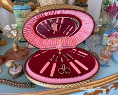 "A delightful and hard to find vintage 1950s musical manicure set with a Swiss movement by Reuge.   The box is in a pretty oval shape and opens to reveal a pop up twirling ballerina in a pink tutu dancing to the 1952 song \"It's April Again\" from the original 1950s Moulin Rouge film.  The box is lined with velvet and pleated pink satin with a mirror set inside the lid.  Some of the original pink manicure pieces are missing.  The box is covered in cream and tan paper, it has brass clip fastening Moulin Rouge Film, Vintage Bedroom Styles, Music Box Ballerina, Dancing Ballerina, Ballerina Jewelry, Vintage Bookends, Pink Manicure, Vintage Dresser, Music Box Jewelry