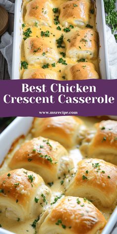 the best chicken crescent casserole is in a white baking dish with parsley on top