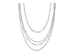 Sterling Forever Multi Chain Layered Necklace - Necklace : Silver : Add a touch of shimmer and elegance to your ensemble with the Sterling Forever Multi Chain Layered Necklace. This layered sterling silver chain link necklaces. Available in gold or silver tones. Lobster clasp closure. Imported. Measurements: • Length: 13-18 in chains with 2 in extender Elegant Silver Layered Figaro Chain Necklace, Silver Figaro Chain Necklace For Layering, Multi-strand Figaro Chain Necklace, Silver Double Strand Figaro Chain Jewelry, Layered Necklace Silver, Chain Layered Necklace, Layered Necklaces Silver, Forever Jewelry, Necklace Necklace