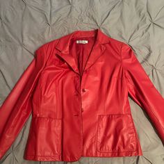 Preowned, Excellent Condition Leather Blazer- Casual Coat Long Sleeves. No Scratches, Length 23” Red Leather Long Sleeve Blazer, Red Leather Blazer With Long Sleeves, Fitted Red Leather Jacket With Button Closure, Fitted Red Leather Jacket For Work, Red Fitted Leather Jacket For Formal Occasions, Formal Red Fitted Leather Jacket, Red Leather Workwear Jacket With Pockets, Red Leather Jacket With Button Closure For Work, Classic Red Leather Jacket For Work