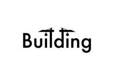 the word building is written in black and white with an airplane flying over it's head