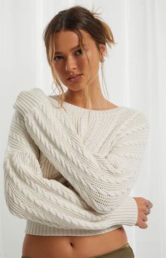 Beverly & Beck Fawn Cable Stitch Sweater | PacSun Pacsun Sweaters, Stitch Sweater, Stitch Fabric, Solid Color Sweater, Color Sweater, Cable Stitch, Fashion Hacks, Winter Fits, Cute Sweaters