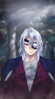 an anime character with white hair and blue eyes standing in front of trees, looking at the camera