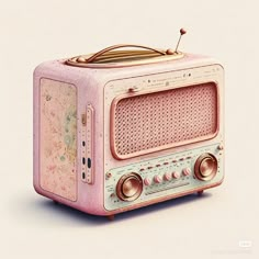 an old fashioned pink radio sitting on top of a table