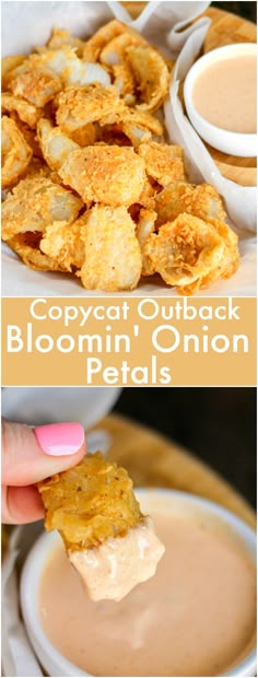 two pictures showing different types of food and the words copycatt outback bloomin'onion petals