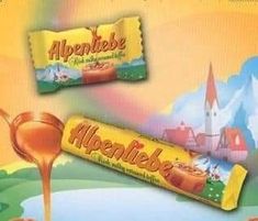 an advertisement for alpenies with caramel and chocolate on the front, and in the back