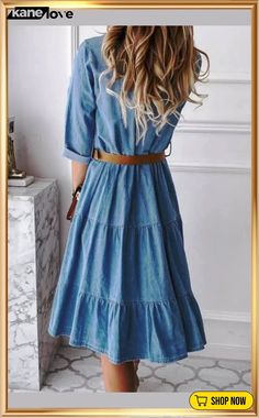 Ruffled Denim Button Midi Dress Knee-length Denim Dress With Ruffles For Spring, Blue Denim Knee-length Dress With Ruffles, Knee-length Denim Dress With Ruffles, Casual Knee-length Ruffled Denim Dress, Denim Blue V-neck Dress With Button Closure, Collar Pattern, Button Dress, Above Knee, Three Quarter Sleeves