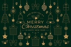 merry christmas and happy new year greeting card with golden ornaments on dark green background illustration