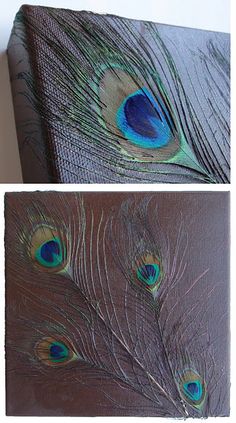 two pictures of peacock feathers on canvases, one is blue and the other is brown