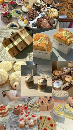 a collage of different desserts and pastries on display