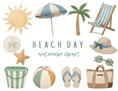 watercolor clipart beach day with umbrella, hat, starfish, flip flops and other items