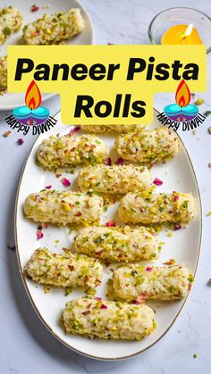 paneer pistaa rolls on a white plate