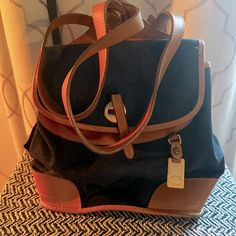 Questions? Leave A Comment Below! Blue Backpack, Dooney & Bourke Bags, Dooney Bourke, Blue Brown, Leather Backpack, Blue Denim, Brown Leather, Color Blue, Bag Lady