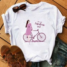 Olivia Mark - Printed Short Sleeve Shirt Casual Short Sleeve Shirt With Funny Print, Casual Shirt With Comfortable Fit And Crew Neck, Casual Spring Shirt With Funny Print, Casual Shirt With Text Print And Comfortable Fit, Bicycle Print, Cute Graphic Tees, Ladies Tee Shirts, Cartoon T Shirts, Soft Tops