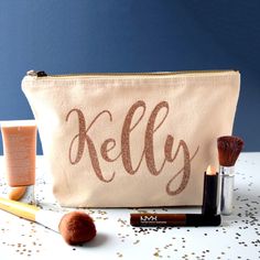 This sparkly rose gold personalised accessory bag is must have for all girly girls. The makeup bag is personalised with the name of your choice in brush script sparkly rose gold heart, making it the perfect birthday gift for somebody who loves to pamper themselves. The toiletry bag also makes a great bridesmaid make up bag for them to use on your big day - it is a great way of saying thank you bridesmaid for all their hard work put in to your wedding. The bag makes a lovely valentines day gift, Alphabet Gifts, Bridesmaid Makeup Bag, Brow Mascara, Valentines Day Makeup, Bag Names, Brush Script, Rose Gold Heart, Personalized Accessories, Bridesmaid Makeup