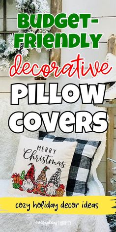 a white couch sitting next to a window with christmas decorations on it and the words budget - friendly decorative pillow covers