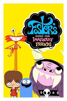 two cartoon characters are standing next to each other in front of a sign that says,'folls home for imaginary friends '