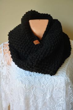 Knitted Infinity Scarf Cowl Neck Warmer Black Chunky Wrap - Etsy Cozy Black Knitting Pattern For Fall, Fall Black Knit Knitting Pattern, Fall Black Knitting Pattern, Cozy Black Knitting Pattern For Winter, Cozy Black Winter Knitting Pattern, Black Yarn Knitting Pattern, Cozy Black Hand Knitted Pattern, Cozy Black Knitting Pattern, Black Hand Knitted Pattern