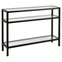 a black and glass shelf with two shelves on each side, against a white background