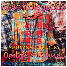 Ombré Distressed  and Acid Washed Flannel Shirt Custom order your Artist Designed Ombréd Acid Washed Flannel Shirt -- Specify color and Size in a note with your order... All Ombré Acid Washed Shirts are made to order and could take up to 2weeks to process. S M L XL 2XL 3XL 4XL or children's sizes Blue Red Green Bronze Teal Yellow Orange 100% Cotton Wholesale orders are welcome. Message Robert for details. Flannel Shirt Upcycle, Bleached Flannels, Ombre Flannel Shirt, Shirt Upcycle, Ombre Denim, Bleach Dye Shirts, Rustic Fashion, Fabric Cuff Bracelet, Autumnal Colours