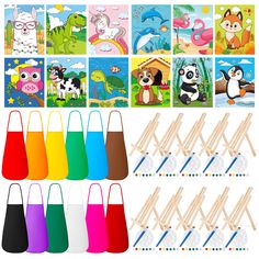 children's art supplies including paint, wooden pegs and canvases with pictures of animals