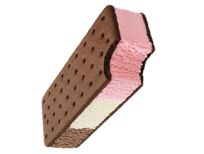 an ice cream bar with pink and white stripes on it's side, cut in half