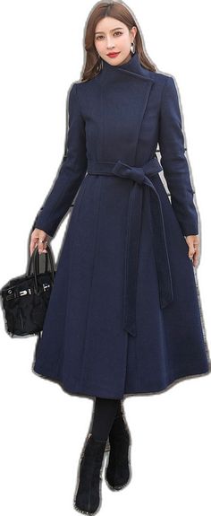 Elegant Navy Wool Coat For Fall, Navy Long Wool Coat, Chic Navy Peacoat For Fall, Navy Wool Coat For Winter Workwear, Chic Navy Long Peacoat, Office Long Coat Peacoat For Fall, Navy Long Pea Coat For Fall, Wool Wrap Coat, Big Collar