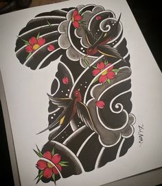 a drawing of a bird with red flowers on it