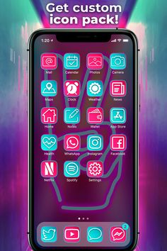 an iphone screen with the text get custom icon pack on it's back side