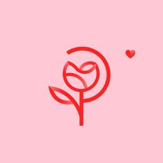 a red flower with a heart in the middle on a light pink background, surrounded by small hearts