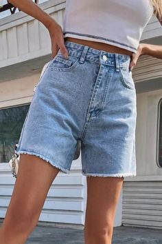 Introducing the ultimate staple for your summer wardrobe - our women's high waist denim shorts. Stay chic and comfortable with loose fit and durable denim fabric. Perfect for casual outings or dressed up with accessories. Get ready for summer 2024 with our must-have denim shorts. Summer Jeans With Built-in Shorts, Trendy Mid-rise Cotton Bermuda Shorts, High-waisted Jean Shorts With Pockets, Summer Shorts With Frayed Hem And Relaxed Fit, Spring Knee-length Jean Shorts With Pockets, Summer Jeans With Built-in Shorts In Short Length, High-waisted Jean Shorts With Pockets For Summer, High Rise Shorts With Pockets For Summer, Summer High-waisted Jean Shorts With Pockets